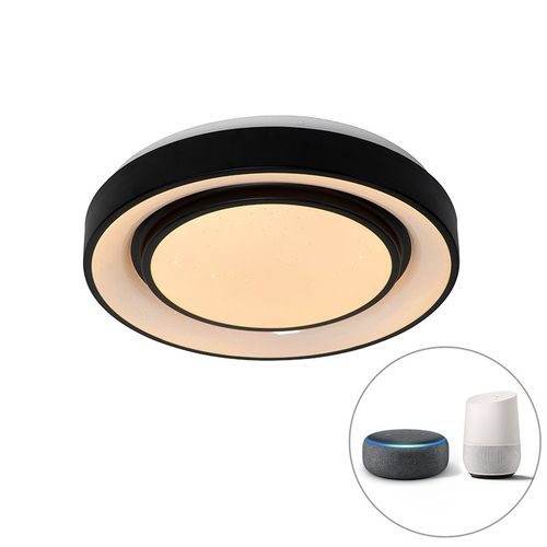 Qazqa Moderne Plafonnier Moderne Intelligent Noir 38 Cm Avec Led Et Rgb - Jochie Plastique Noir Rond / Luminaire / Lumiere / clairage / Intrieur / Salon / Cuisine Led (Non Remplaable)...