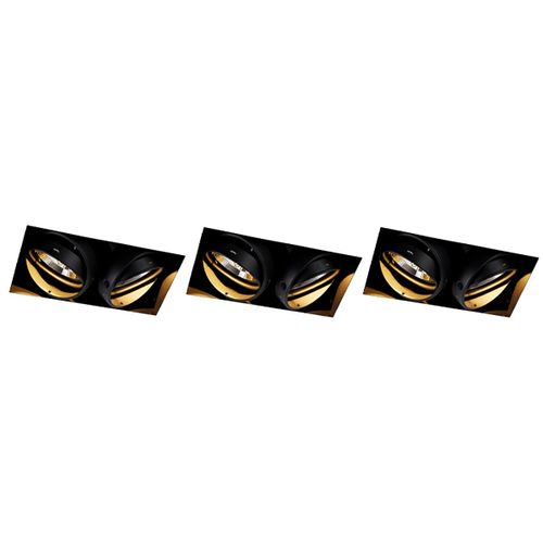 Qazqa Moderne Set Van 3 Inbouwspots Zwart Gu10 Ar111 Trimless 2-Lichts - Oneon Acier Noir Rectangulaire / Luminaire / Lumiere / clairage / Intrieur / Salon / Cuisine Gu10 Max. 2 X 50 Watt
