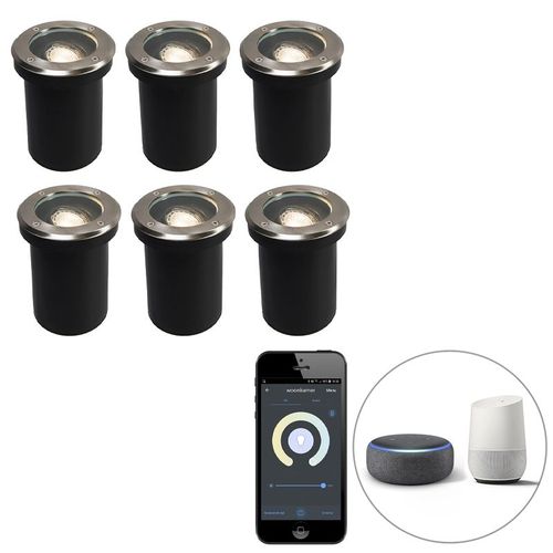 Qazqa Moderne Set Van 6 Smart Buiten Grondspot Verstelbaar Incl. Wifi Gu10 - Delux Acier Inoxydable /Verre /Plastique Acier Rond / ExtRieur / Jardin / Luminaire / Lumiere / ÉClairage /...