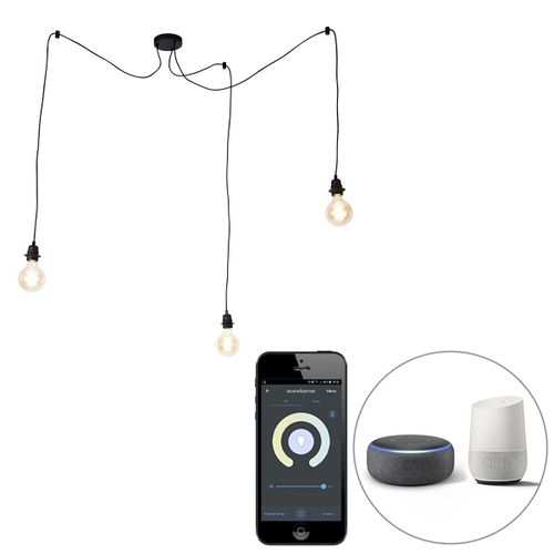 Qazqa Moderne Smart Hanglamp Zwart 3-Lichts Incl. Wifi G95 - Cava Acier Noir Oblongue /Rond / Luminaire / Lumiere / clairage / Intrieur E27 Max. 3 X 7 Watt