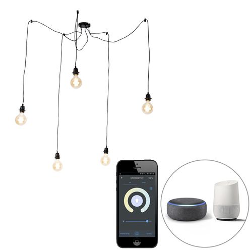 Qazqa Moderne Smart Hanglamp Zwart 5-Lichts Incl. Wifi G95 - Cava Acier Noir Rond /Oblongue / Luminaire / Lumiere / clairage / Intrieur / Cuisine E27 Max. 5 X 7 Watt