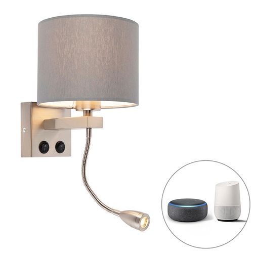 Qazqa Moderne Smart Wandlamp Staal Met Grijze Kap Incl. Wifi A60 - Brescia Acier /Tissu Gris,Acier Rond / Lampe De Lecture / Luminaire / Lumiere / ÉClairage / IntRieur / Salon / Cuisine...