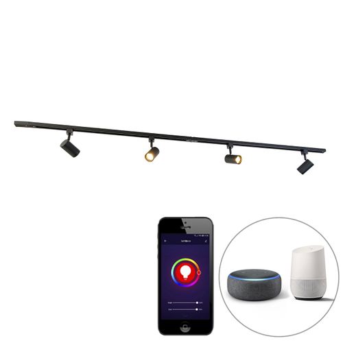 Qazqa Moderne Systme De Rail Intelligent Monophas Avec 4 Plafonnier Spots Wifi Gu10 Noir - Jeana Acier Noir Oblongue / Luminaire / Lumiere / clairage / Intrieur / Salon / Cuisine Gu10...