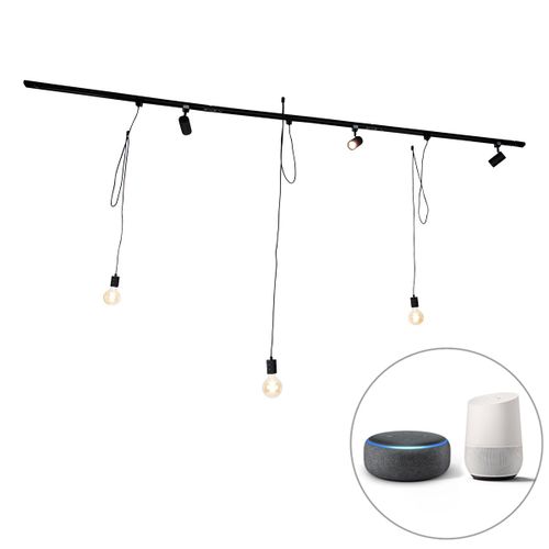 Qazqa Moderne Systme De Rail Intelligent Noir 3 Plafonnier Spots Et Suspension / Lustre / Luminaire / Lumiere / clairage Monophas - Cavalux Jeana Aluminium /Acier /Plastique Noir Oblongue...