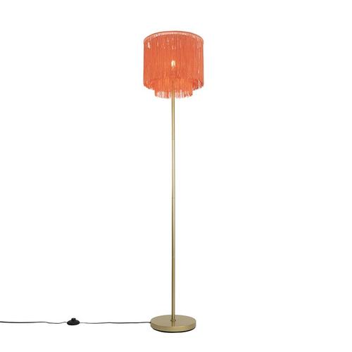 Qazqa Oriental Lampadaire / Lampe De Sol / Lampe Sur Pied / Luminaire / Lumiere / clairage Oriental Abat-Jour Rose Dor  Franges - Franxa Acier /Tissu Rose,Dor/Laiton Oblongue / Intrieur...