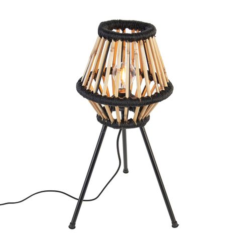 Qazqa Oriental Landelijke Tripod Tafellamp Bamboe Met Zwart - Evalin Bamboo /Acier Noir,Naturel Rond / Lampe De Lecture / Luminaire / Lumiere / clairage / Intrieur / Salon E27 Max. 1 X 40...