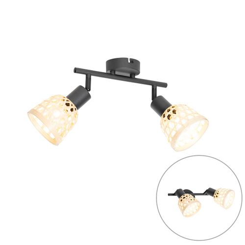 Qazqa Oriental Oosterse Plafonnier ? Plafonnier Spot  Fixer Au Plafond Zwart Met Bamboe 2 Ampoules-Lichts - Rayan Bamboo /Acier Naturel,Noir Oblongue / Luminaire / Lumiere / clairage /...