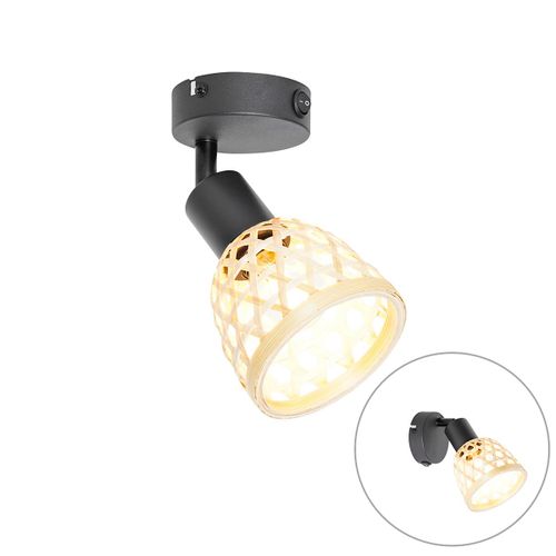 Qazqa Oriental Oosterse Plafonnier ? Plafonnier Spot  Fixer Au Plafond Zwart Met Bamboe En Schakelaar - Rayan Bamboo /Acier Naturel,Noir Rond / Luminaire / Lumiere / clairage / Intrieur /...