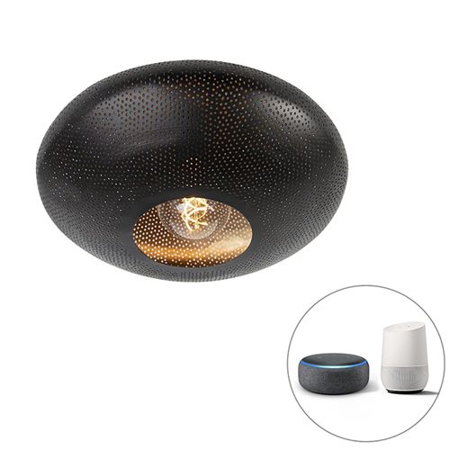 Qazqa Oriental Plafonnier Intelligent Noir Avec Or / Dore / D'or 40 Cm Avec Wifi G95 - Radiance Acier Noir Rond / Luminaire / Lumiere / clairage / Intrieur / Salon / Cuisine E27 Max. 1 X...