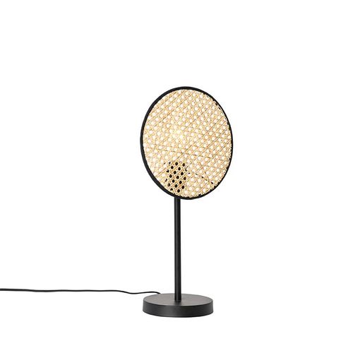 Qazqa Oriental /Rustique Landelijke Tafellamp Zwart Met Rotan 25 Cm - Kata Rotin /Acier Naturel,Noir Rond / Lampe De Lecture / Luminaire / Lumiere / clairage / Intrieur / Salon E27 Max. 1...