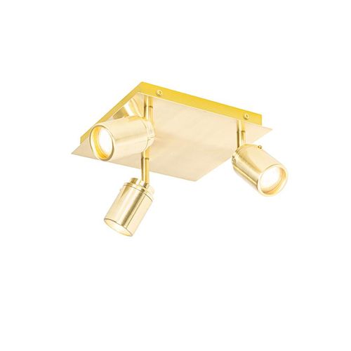 Qazqa Professional Moderne Moderne Badkamer Plafonnier  Plafonnier Spot   Fixer Au Plafond Messing Vierkant 3-Lichts Ip44 - Ducha Acier /Aluminium /Verre Dor/Laiton Carr / Luminaire...