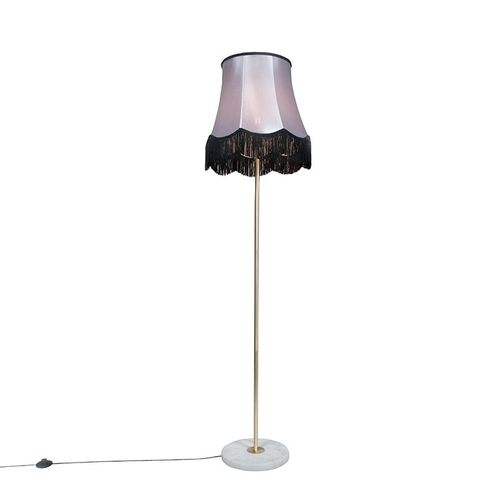 Qazqa RTro Lampadaire / Lampe De Sol / Lampe Sur Pied / Luminaire / Lumiere / ÉClairage En Laiton Avec Abat-Jour Granny B Noir-Gris 45 Cm - Kaso MTal /Pierre/BTon /Tissu...