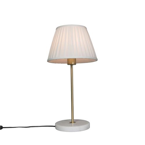 Qazqa RTro Lampe De Table / Lampe á Poser / Luminaire / Lumiere / ÉClairage RTro En Laiton Avec Abat-Jour Pliss CrMe 25 Cm - Kaso Tissu /Acier /Marbre CrMe,Dor/Laiton Rond / IntRieur / Salon E27 Max. 1 X 60 Watt
