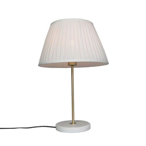 Qazqa Rtro Lampe De Table / Lampe  Poser / Luminaire / Lumiere / clairage Rtro En Laiton Avec Abat-Jour Pliss Crme 35 Cm - Kaso Tissu /Acier /Marbre Crme,Dor/Laiton Rond / Intrieur...