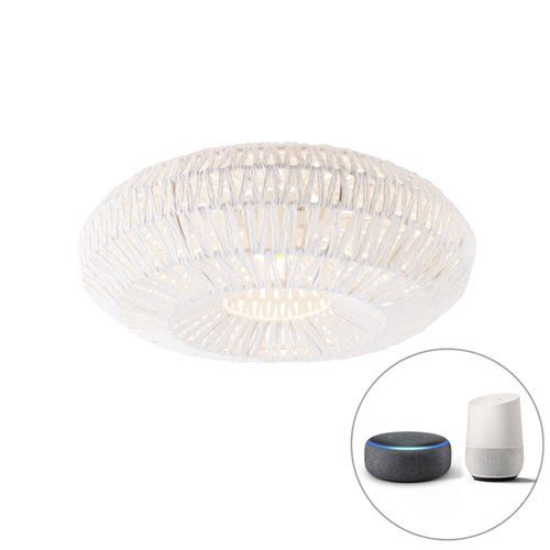 Qazqa Rtro Smart Retro Plafondlamp Wit Incl. Wifi A60 - Lina Papier /Acier Blanc Rond / Luminaire / Lumiere / clairage / Intrieur / Salon / Cuisine E27 Max. 1 X 7 Watt