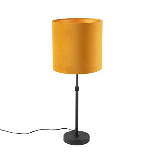 Qazqa Rustique Lampe De Table / Lampe á Poser / Luminaire / Lumiere / ÉClairage Noir Avec Abat-Jour En Velours Jaune Avec Or / DorE / D'or 25 Cm - Parte Acier /Tissu Jaune,Noir Cylindre...