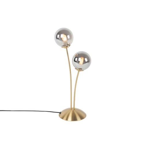 Qazqa Rustique Lampe De Table / Lampe  Poser / Luminaire / Lumiere / clairage Moderne Dore  2 Lumires Avec Verre Fum - Athnes /Acier Dor/Laiton Oblongue / Intrieur / Salon G9 Max. 2 X 28 Watt