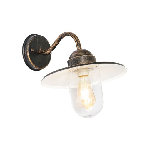 Qazqa Rustique Landelijke Buiten Wandlamp Antiek Goud Ip44 - Kansas Acier /Verre Dor/Laiton,Noir Rond / ExtRieur / Jardin / Luminaire / Lumiere / ÉClairage E27 Max. 1 X 60 Watt