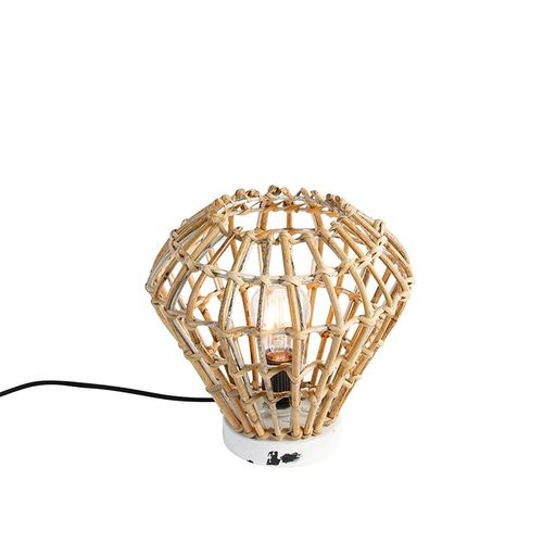 Qazqa Rustique Landelijke Tafellamp Bamboe Met Wit - Canna Diamond Bamboo /Acier Naturel,Blanc Rond / Lampe De Lecture / Luminaire / Lumiere / ÉClairage / IntRieur / Salon E27 Max. 1 X 40...