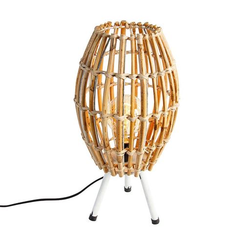 Qazqa Rustique Landelijke Tafellamp Tripod Bamboe Met Wit - Canna Capsule Bamboo /Acier Naturel,Blanc Ovale / Lampe De Lecture / Luminaire / Lumiere / clairage / Intrieur / Salon E27 Max....