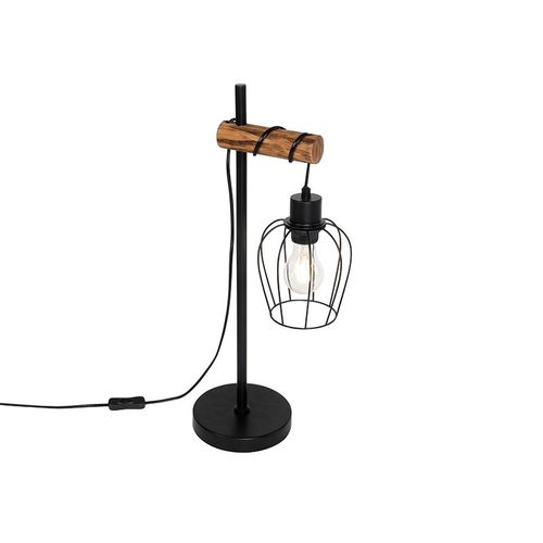 Qazqa Rustique Landelijke Tafellamp Zwart Met Hout - Stronk Acier /Bois Noir,Marron Oblongue / Lampe De Lecture / Luminaire / Lumiere / ÉClairage / IntRieur / Salon E27 Max. 1 X 60 Watt