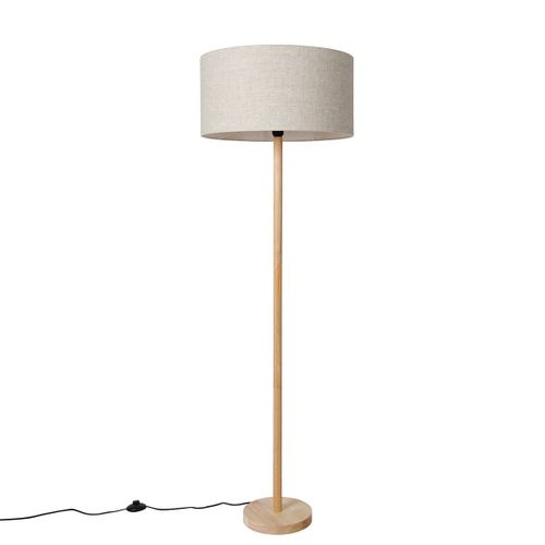 Qazqa Rustique Landelijke Vloerlamp Hout Met Lichtbruine Kap - Mels Bois /Tissu Naturel,Marron Rond /Oblongue / Luminaire / Lumiere / clairage / Intrieur / Salon E27 Max. 1 X 40 Watt