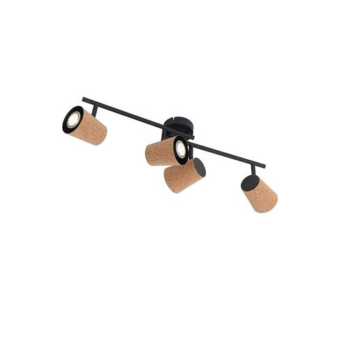 Qazqa Rustique Plafonnier Spot De Plafond Noir Avec Abat-Jour En LiGe RGlable   4 LumiRes - Corky Acier Noir,Beige Oblongue / Luminaire / Lumiere / ÉClairage / IntRieur / Salon /...