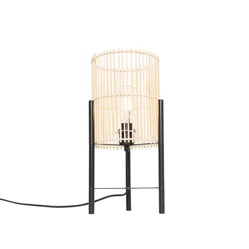 Qazqa Rustique Scandinavische Tafellamp Bamboe - Natasja Bamboo /Acier Naturel,Noir Oblongue /Cylindre / Lampe De Lecture / Luminaire / Lumiere / ÉClairage / IntRieur / Salon E27 Max. 1 X...