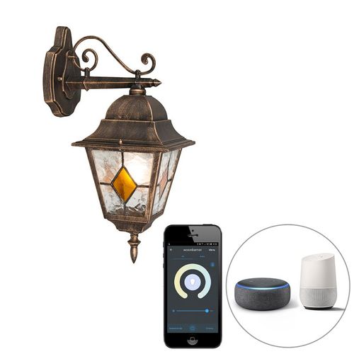 Qazqa Rustique Smart Vintage Buiten Wandlantaarn Brons Incl. Wifi A60 - Antigua Verre /Acier Bronze Autres / ExtRieur / Jardin / Luminaire / Lumiere / ÉClairage E27 Max. 1 X 7 Watt