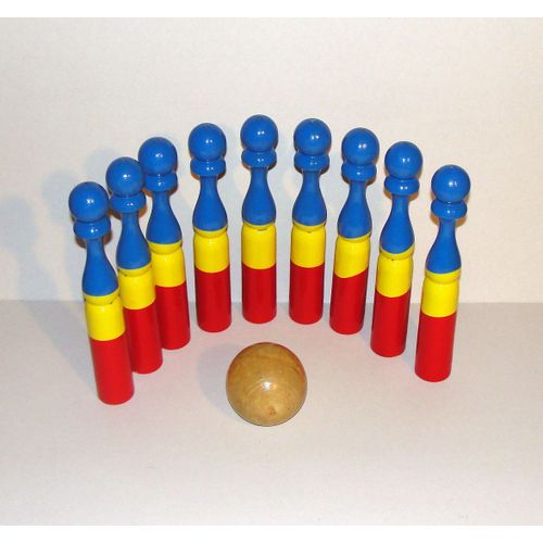 Quilles En Bois Ancien Jeu Bleu Jaune Rouge Lot 9 Quilles 24 Cm