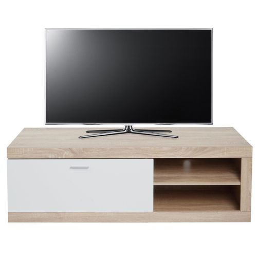 Meuble Tv Hwc-L33, Table De Tlvision Table Basse Armoire Tv Commode, Bois 43x140x41cm Compartiment De Rangement, Aspect Chne, Blanc