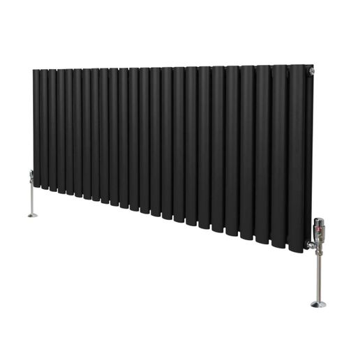 Radiateur  Colonne Ovale 600 x 1440mm & Robinet Thermostatique Chrom, Chauffage Moderne Horizontal en Acier au Carbone Noir Mat, Cuisine Salle de Bain [Brosse, Attaches & Supports INCLUS]