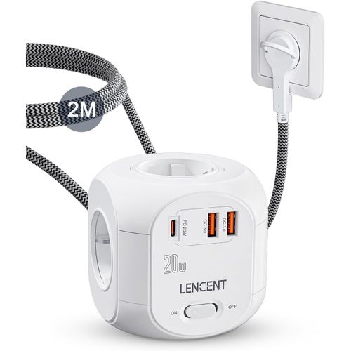 Rallonge Multiprise 4 Sortie Ac Avec 2 Qc3,0 Et 1 Pd20w, Prise Multiple 2500w Avec Interrupteur Et Rallonge Electrique 2 Mtres Pour Maison Bureau Fiche Plate, Tress Cble, Blanc
