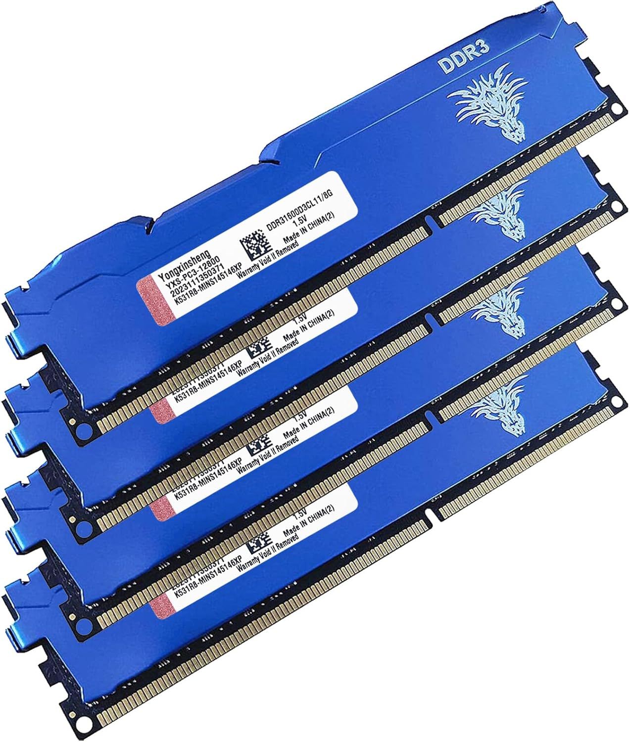 Ram DDR3 32go (4x8go) 1600MHz PC3-12800 Udimm CL11 Non-ECC Unbuffered 1.5V 2Rx8 Double Rang 240 Pin Mmoire Ram Barette Kit pour Ordinateur de Bureau (Bleu)