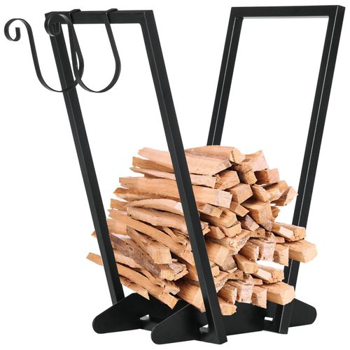 Range-bches porte bche range bois de chauffage en acier design trapzodal avec 2 crochets et tagre infrieure pour intrieur et extrieur 45 x 32 x 58 cm noir