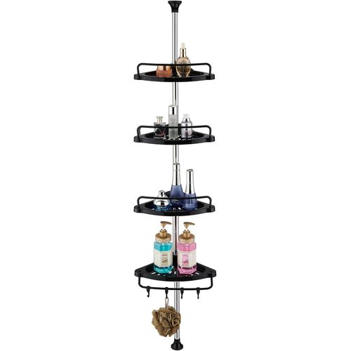 Rangement Douche Noir tagre Telescopique Baignoire Etagere Angle Salle De Bain 70-330cm Avec Quatre tagres, Porte - Serviettes, Quatre Crochets[Rac62403357]