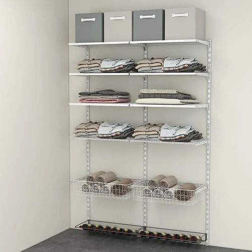 Rangement Ouvert Mural 2 Colonnes Avec 2 Paniers, 2 Tablettes Filaires Et 2 Range Bouteilles H. 200 X L. 132 X P. 40 Cm