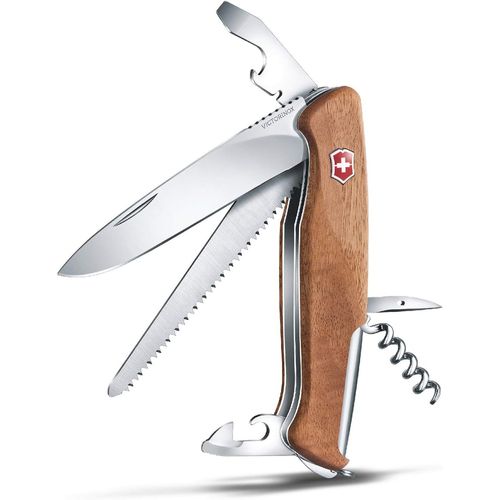 Ranger Bois 55 Couteau De Poche Suisse, Multitool, 10 Fonctions, Lame Fixe, Tire Bouchon, Bois