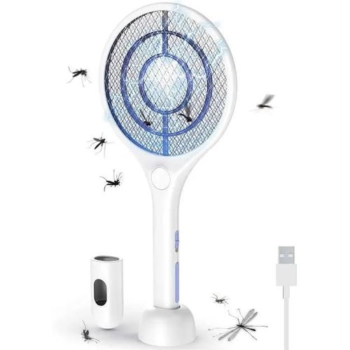 Raquette Anti Moustique lectrique, 3500v Raquette Electrique Insectes, Uv Lampe Anti Moustique Chargement Sans Fil, Blanc
