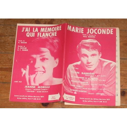 Rare Double Partition Jeanne Moreau J'ai La Mmoire Qui Flanche / Alain Barriere Marie Joconde Jacqueline Francois Compagnons De La Chanson
