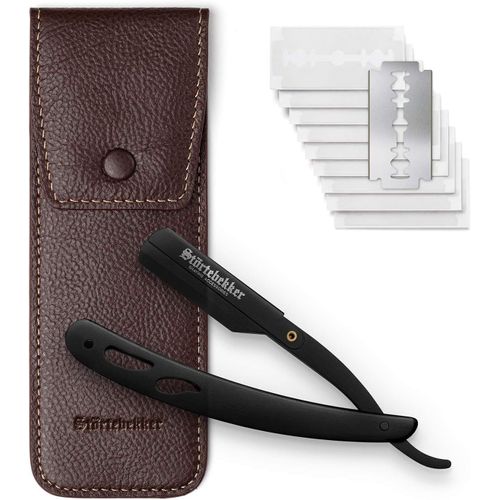 Rasoir De R Avec tui En Cuir Fait Main + Stylo En Pierre D'Alun & 10 Lames Astra - Rasoir Humide De Qualit Suprieure (Noir