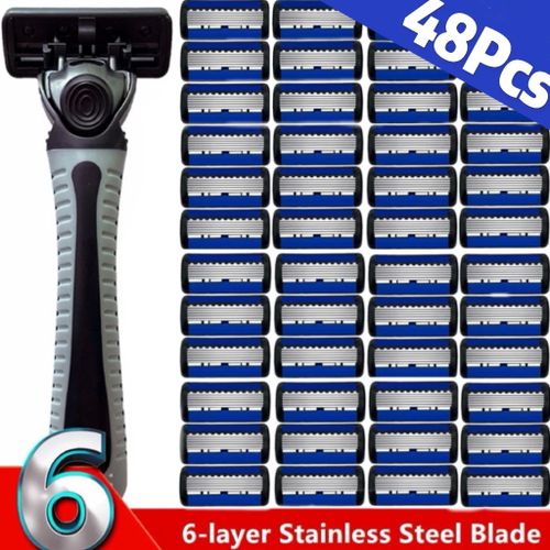 Rasoir Manuel Unisexe Pour Hommes,Lame  Six Couches Avec Tte De Lame,Rasoir  Cheveux Sphrique De Style Ancien,Couteau  Barbe,48 Pices,27 Pices,18 Pices,3 Pices - Type 48pcs With 1handle