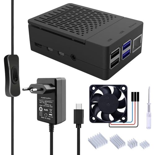 Raspberry Pi 4 Botier avec 40mm PWM Ventilateur,Raspberry Pi 4 Alimentation USB C 18W 5V 3,6A avec on/Off Switch,Raspberry Pi 4 Dissipateurs pour Raspberry Pi 4 modle B 1Go/2Go/4Go/8Go.[V196]
