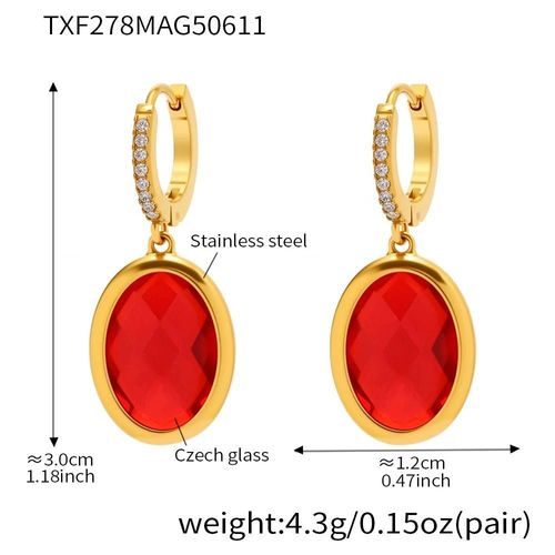 Red - Boucles D'oreilles Ovales lgantes En Acier Inoxydable,Pendentif En Verre Tchque,Cerceau D'oreille Plaqu Or,Bijoux Cadeau De Mariage