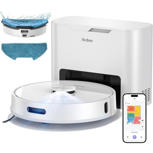 Redkey R10 Robot Aspirateur 4000Pa avec Station de Vidange Auto Lavage 90J LDS Laser Rservoir 350ml Poils Animaux Tapis Sols Durs Navigation Intelligente Batterie 3200mAh Silencieux Blanc