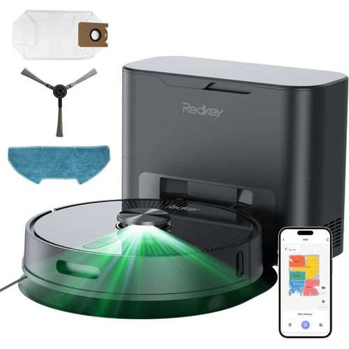 Redkey R10 Robot Aspirateur 4000Pa avec Station de Vidange Auto Lavage 90J LDS Laser Rservoir 350ml Poils Animaux Tapis Sols Durs Navigation Intelligente Batterie 3200mAh Silencieux Noir