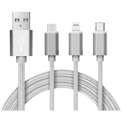 Reekin Chargeur 3 En 1 (Micro Type-C Lightning) - 1,2 Mtre (Argent-Nylon)