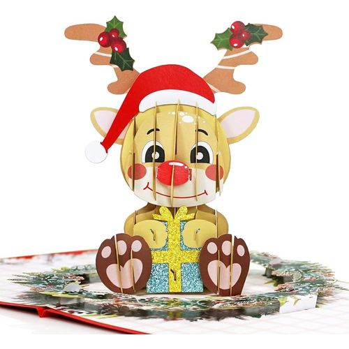 Reindeer-Carte De Joyeux Nol Pop Up,15x15cm,Carte Noel 3d,Nouvel An,Carte De Voeux De Vacances (Renne)