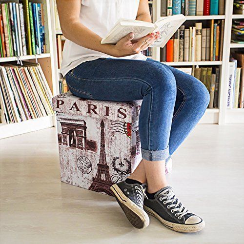 Relaxdays Tabouret Pliant Coffre De Rangement Pliable Banc De Stockage Avec Couvercle Amovible 38 X 38 X 38 Cm Pouf En Similicuir Repose-Pieds Table Appoint Motifs Tendances Paris
