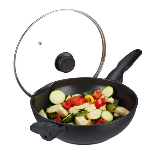Relaxdays Wok Induction Pole  Wok, Couvercle, Poigne, 30 Cm, Revtement Antiadhsif
